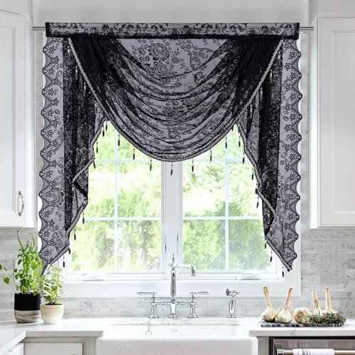 Boho Black Lace Beaded Waterfall Valance Curtains 39x41