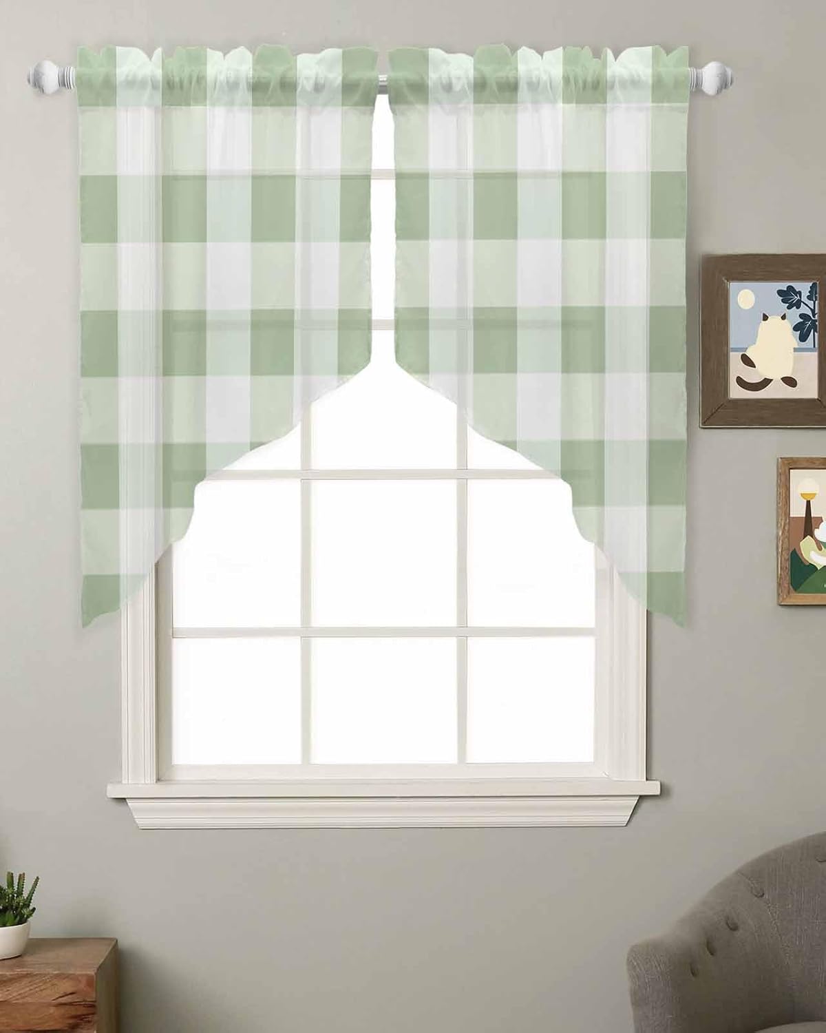 Sage Green Plaid Swag Valance for Small Kitchen Windows