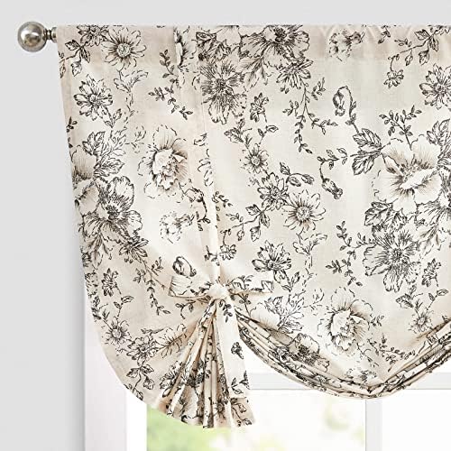 Jinchan Tie Up Valance Floral Linen 54 Inch Peonies Window Treatment