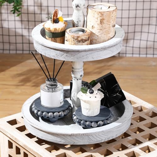 Yookeer 2 Pcs Round Wooden Risers Black Distressed Farmhouse Display Stand