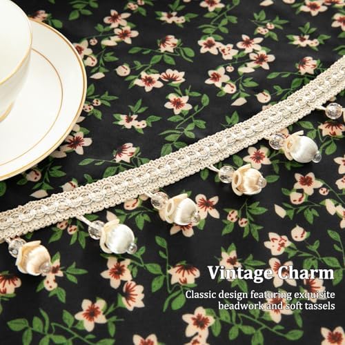 Leeva Farmhouse Style Waterfall Valance with Cherry Blossom Print and Beaded Trim