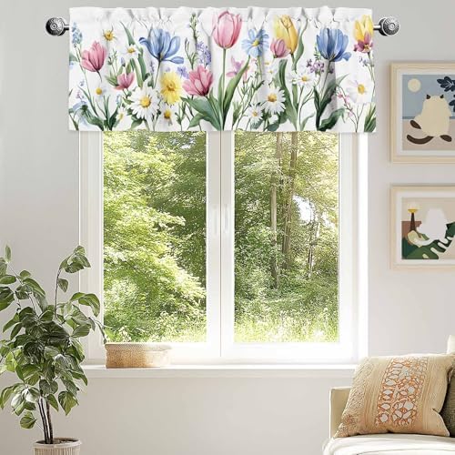 Tersuger Spring Daisy Tulip Kitchen Valance Curtain