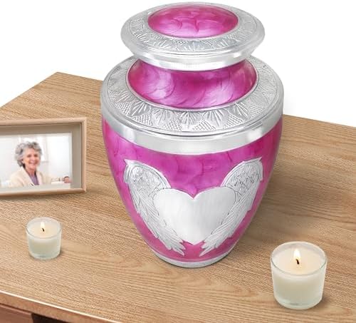 Pink Decorative Urn with Silver Angel Wings and Heart