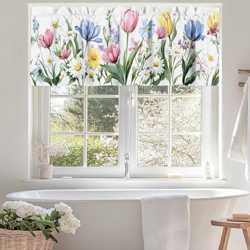 Tersuger Spring Daisy Tulip Kitchen Valance Curtain