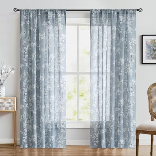 Flax Linen Sheer Curtains with Blossom Print 2 Panels
