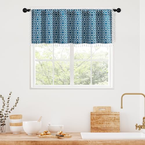 MitoVilla Boho Kitchen Valance with Tassel Blue