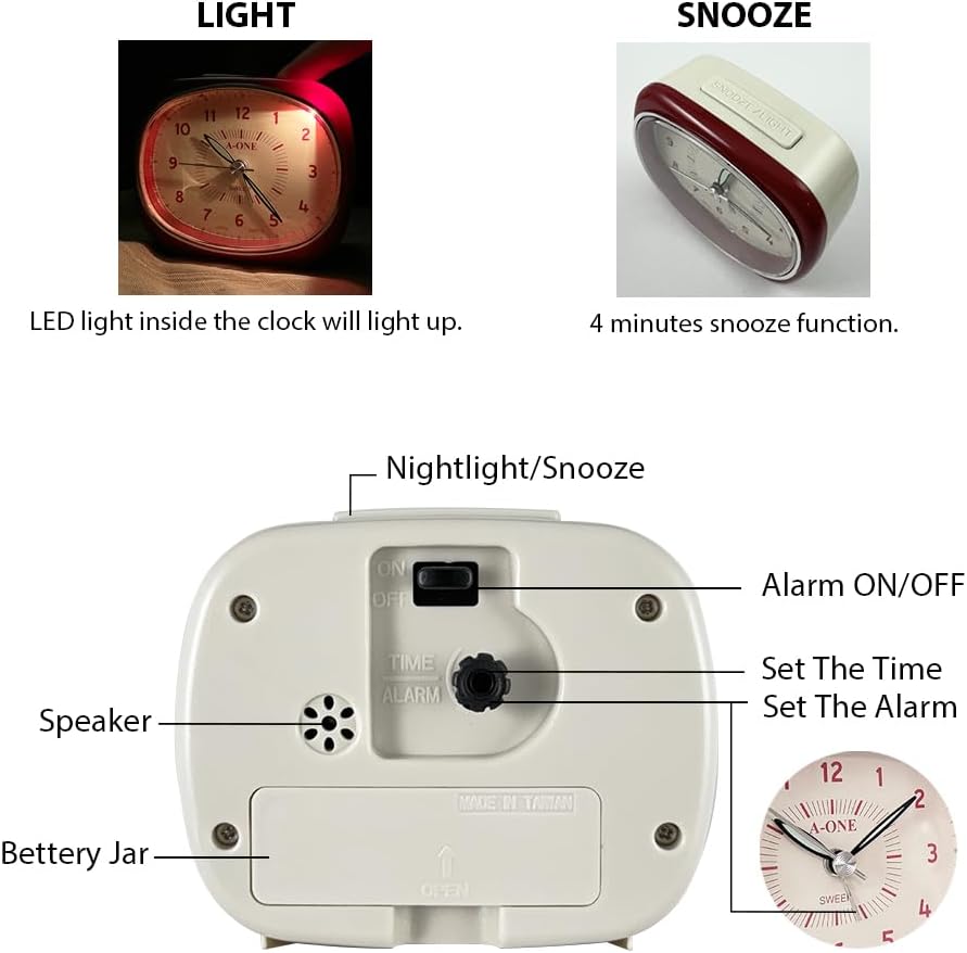 Square-Round Silent Alarm Clock - No Ticking Battery Operated Unique Design Red