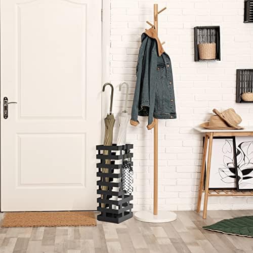 Tudomro Large Black Metal Umbrella Stand with Hooks and Water Tray
