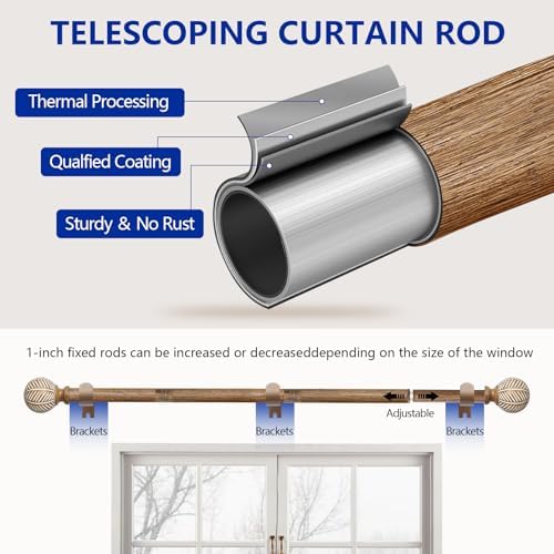 Adjustable Wood Curtain Rods 72-144 Inch 2 Pack Heavy Duty