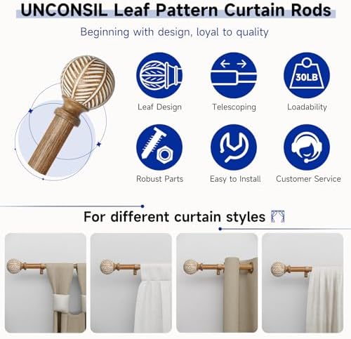 Adjustable Wood Curtain Rods 72-144 Inch 2 Pack Heavy Duty