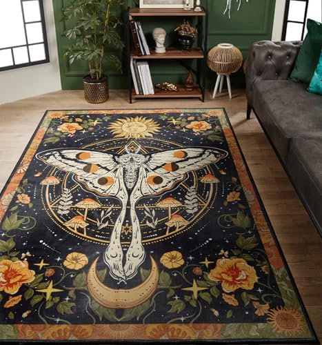 Ouyattle Luna Moth Area Rug 5x7 Black Floral Design