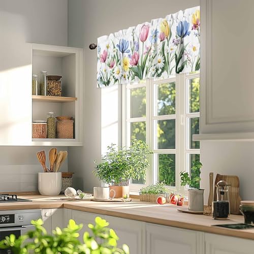 Tersuger Spring Daisy Tulip Kitchen Valance Curtain