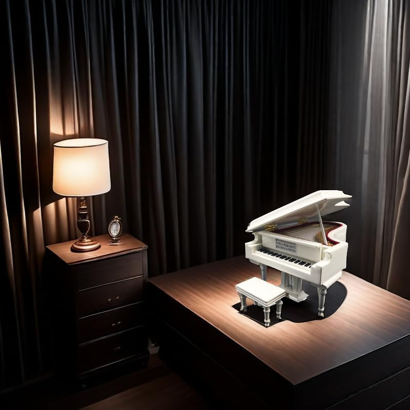 White Piano Music Box with Bench and Black Case