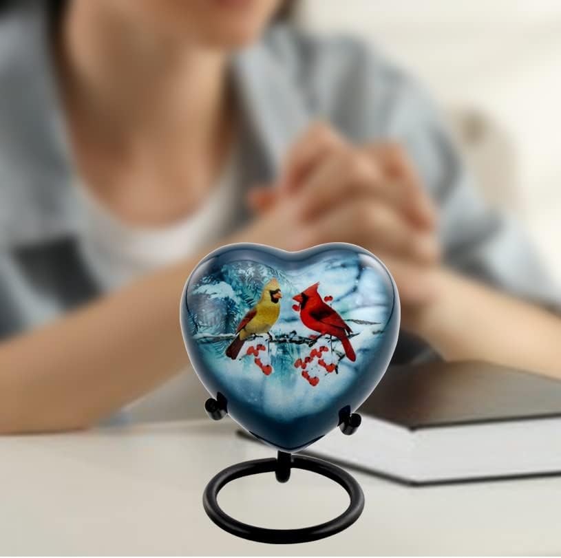 Cardinal Couple Heart Keepsake Urn with Stand