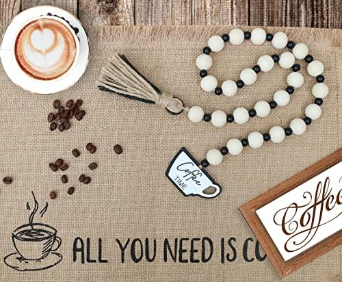Meplait Coffee Themed Garland with Wood Beads and Jute Rope