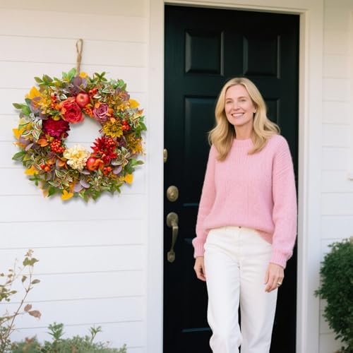 Fall Wreath with Flowers Apples Berries Leaves for Front Door