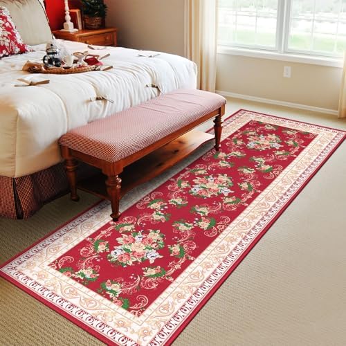 Red Floral Long Runner Rug for Hallway and Entryway