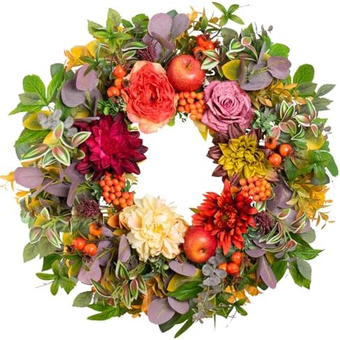 Fall Wreath with Flowers Apples Berries Leaves for Front Door