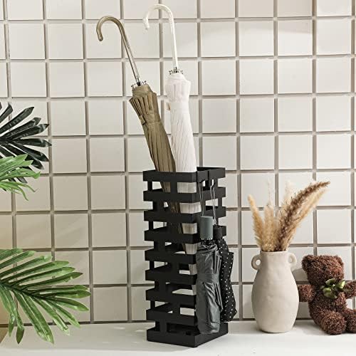 Tudomro Large Black Metal Umbrella Stand with Hooks and Water Tray