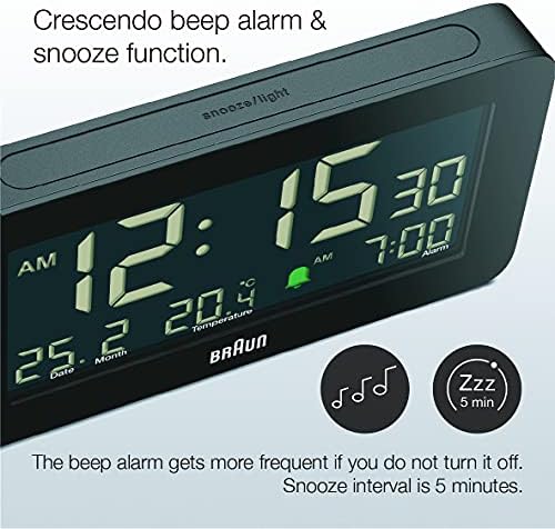 Braun Digital Alarm Clock with Date Month and Temperature Display