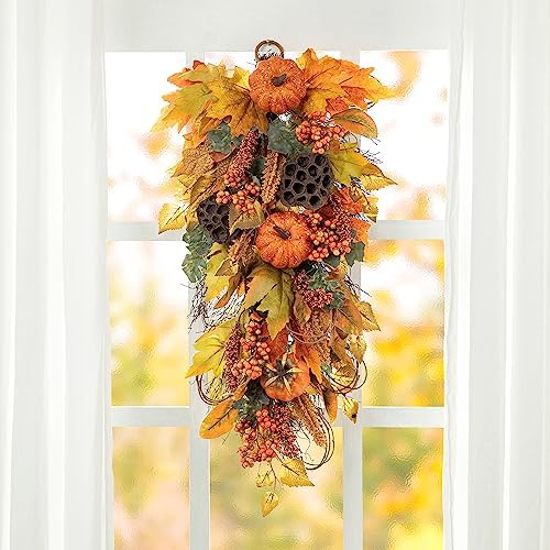 Glitzhome 2Pcs Fall Pumpkin Leaf Swag with Grapevine Base