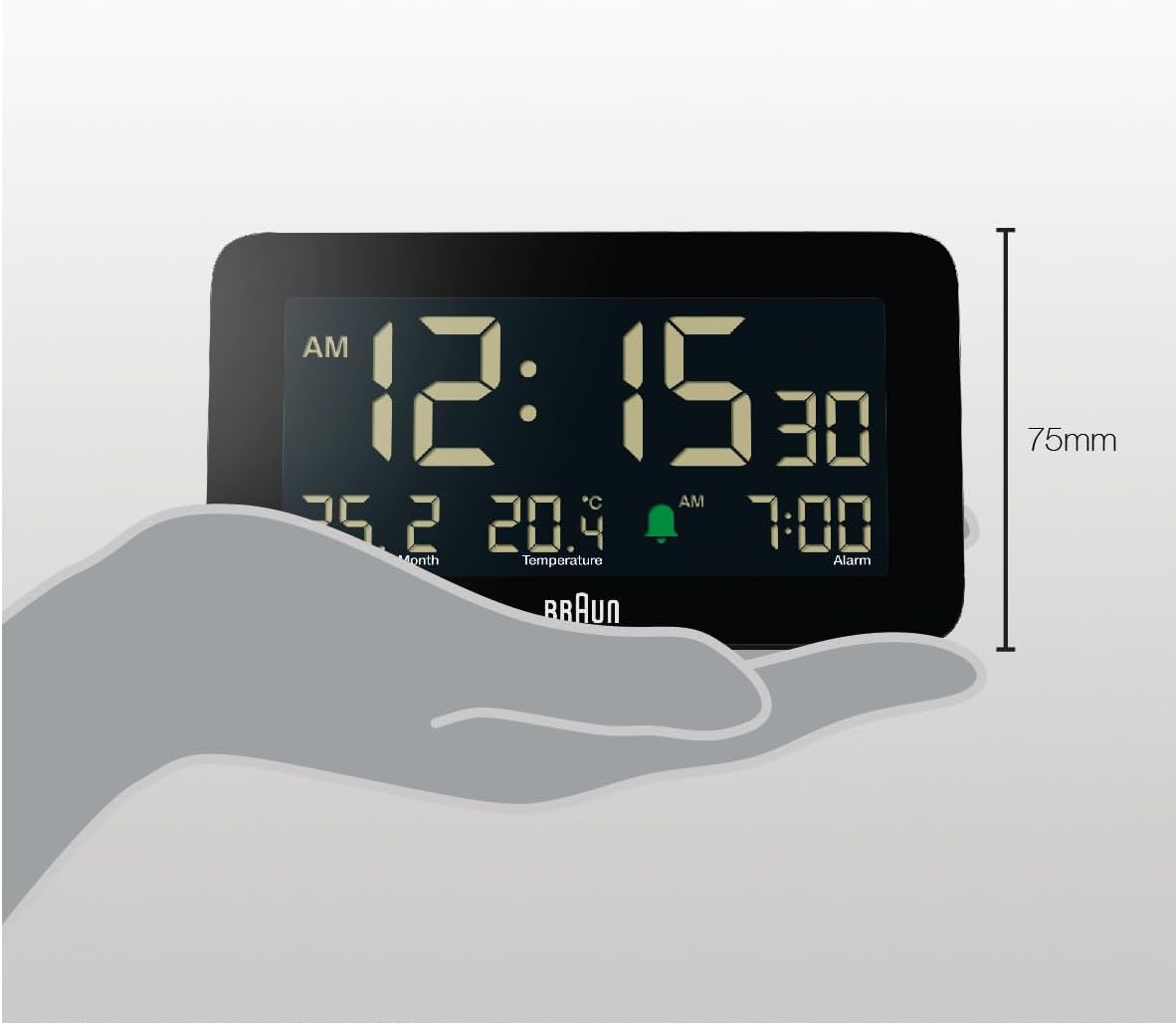 Braun Digital Alarm Clock with Date Month and Temperature Display