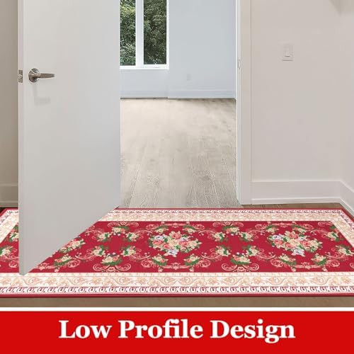 Red Floral Long Runner Rug for Hallway and Entryway