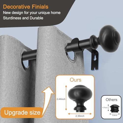QITERI Black Curtain Rod 48-86 Inches Single Rod with Round Finials