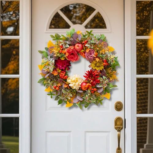 Fall Wreath with Flowers Apples Berries Leaves for Front Door
