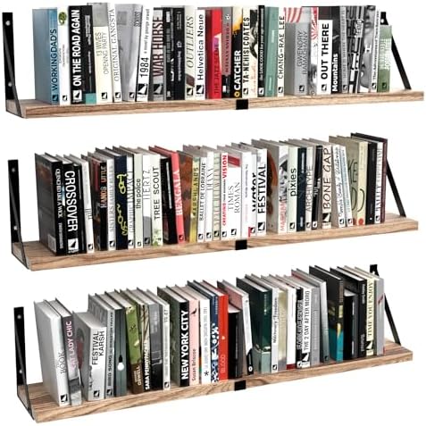 Set of 3 Floating Wood Shelves with Carbonized Black Finish
