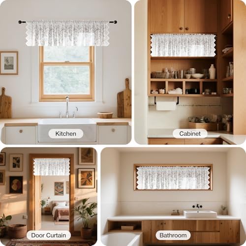 White Lace Semi-Sheer Kitchen Valance Curtains - 1 Panel 52W x 18L Inch