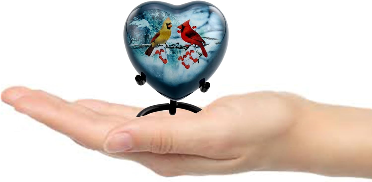 Cardinal Couple Heart Keepsake Urn with Stand