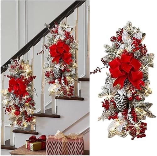 Red Artificial Christmas Teardrop Swags Pre Lit Staircase Decor