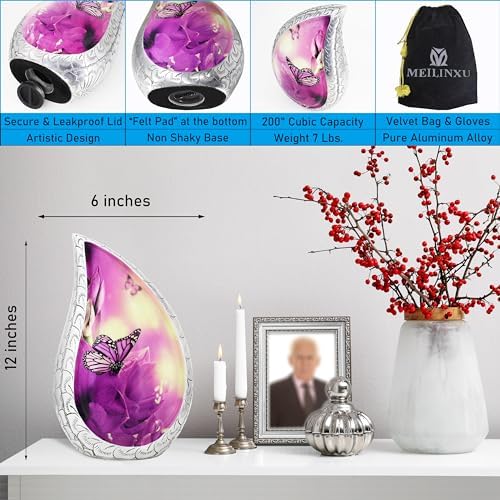 M Meilin Xu Teardrop Cremation Urn Purple Flower Butterfly Large