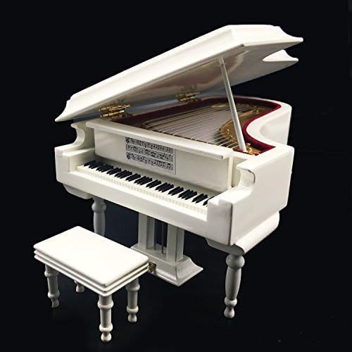 White Piano Music Box with Bench and Black Case
