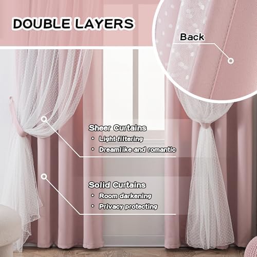 MYSKY HOME Pink Curtains with Tiebacks for Kids Bedroom