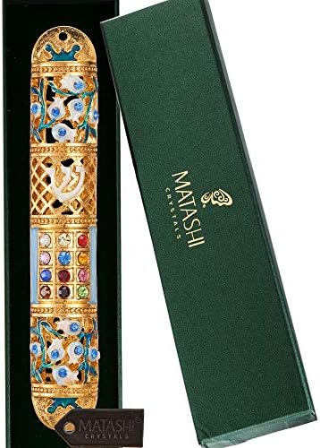 Matashi Hand Painted Enamel Mezuzah with Crystals and Gold Accents