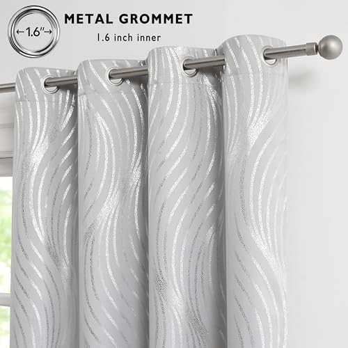 100 Blackout Curtains with Metallic Silver Wave Print