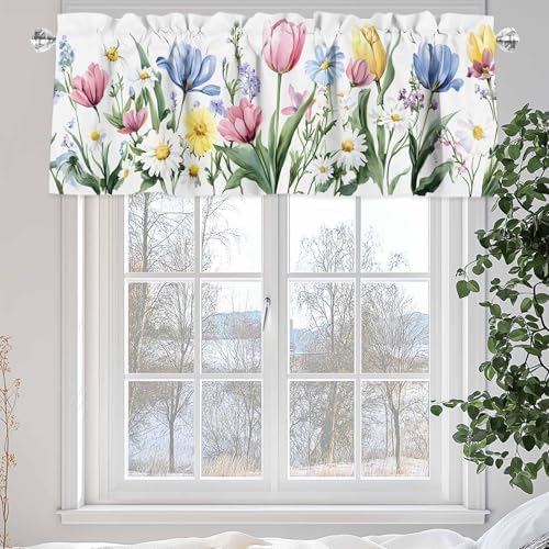 Tersuger Spring Daisy Tulip Kitchen Valance Curtain