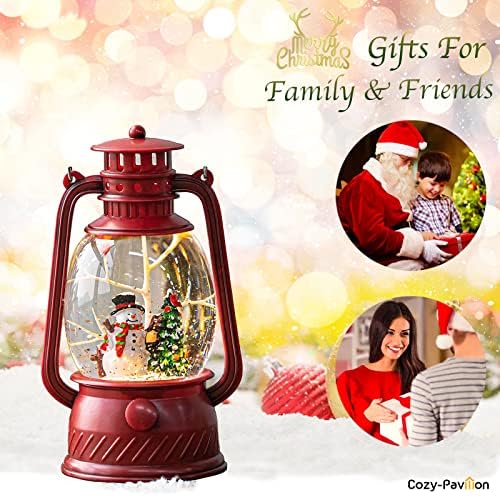Christmas Musical Red Snow Globe Lantern with Snowman and Glitter