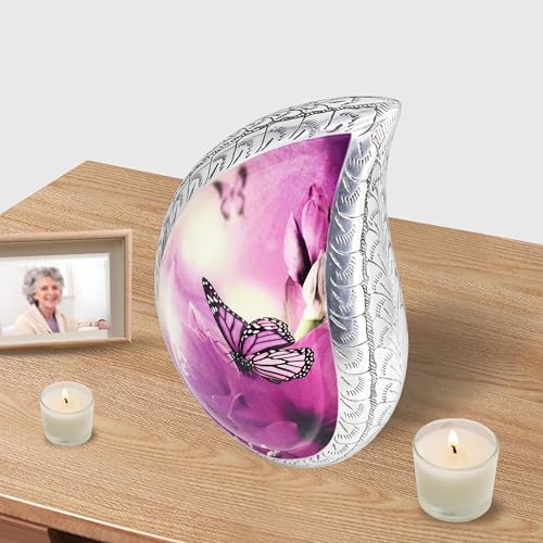 M Meilin Xu Teardrop Cremation Urn Purple Flower Butterfly Large