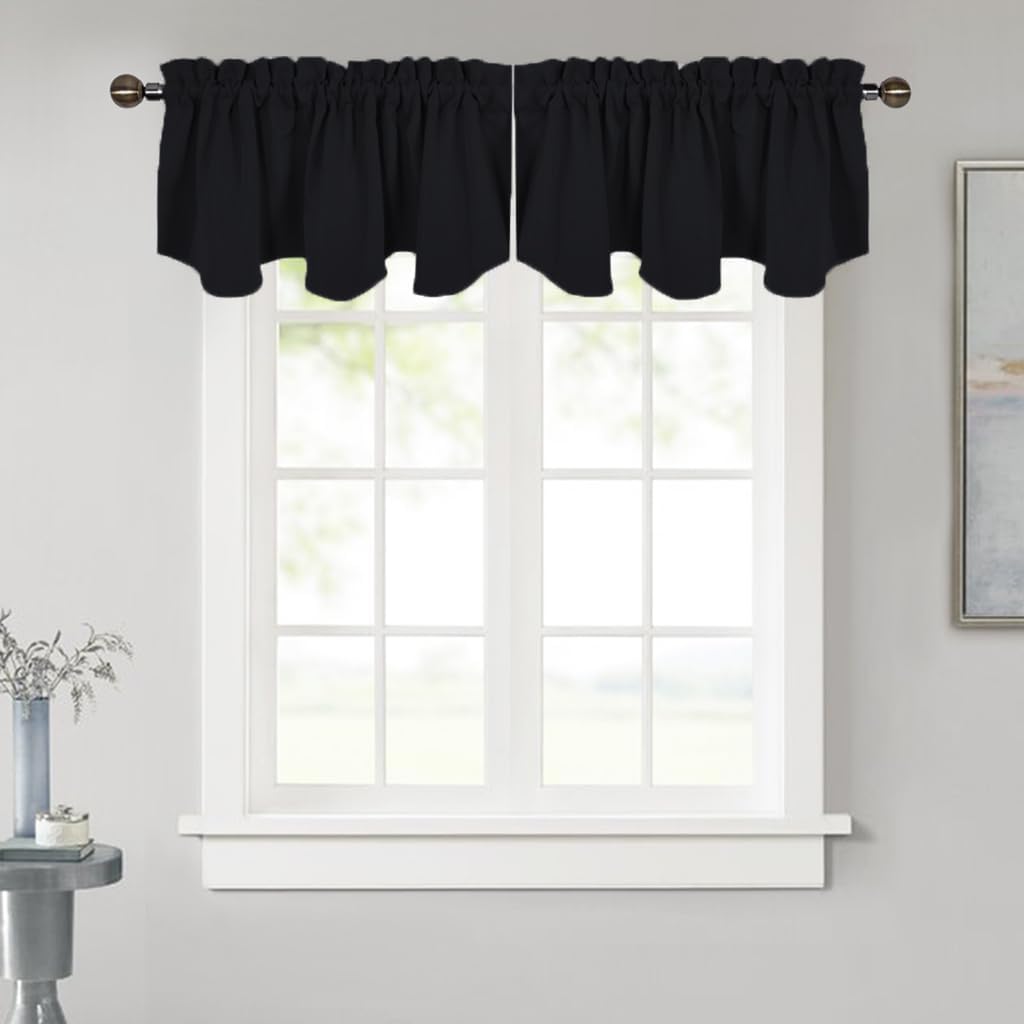 NICETOWN Valance 52x18 Scalloped Rod Pocket Black 1-Pack