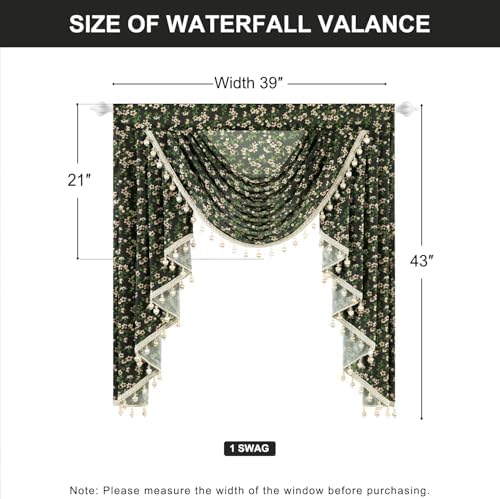 Leeva Farmhouse Style Waterfall Valance with Cherry Blossom Print and Beaded Trim
