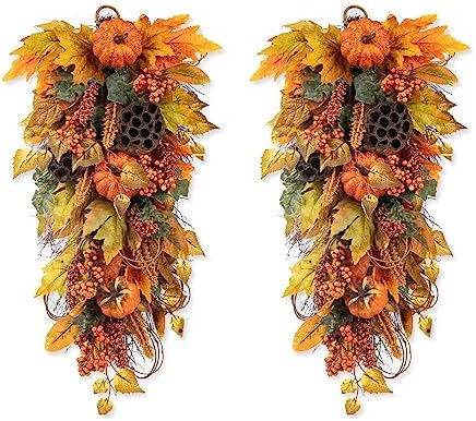 Glitzhome 2Pcs Fall Pumpkin Leaf Swag with Grapevine Base