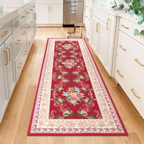 Red Floral Long Runner Rug for Hallway and Entryway