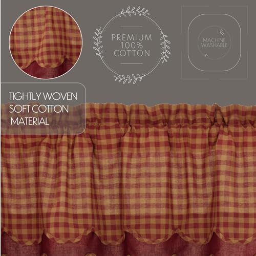 VHC Brands Burgundy Check Valance 16x60 Red Rod Pocket Cotton Curtains