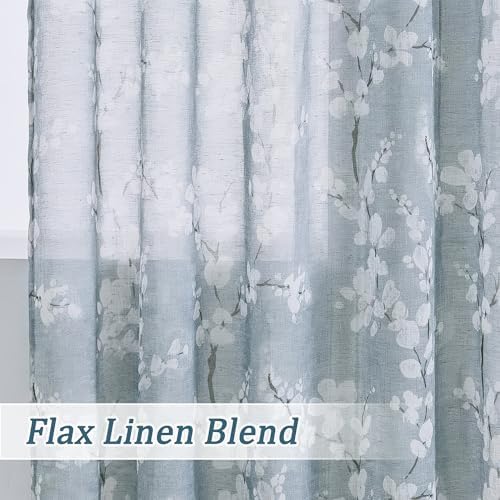 Flax Linen Sheer Curtains with Blossom Print 2 Panels