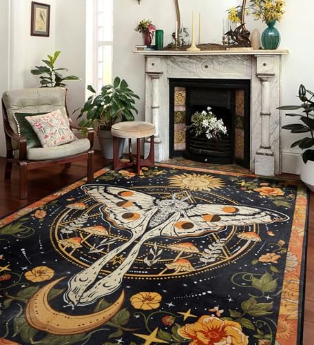 Ouyattle Luna Moth Area Rug 5x7 Black Floral Design