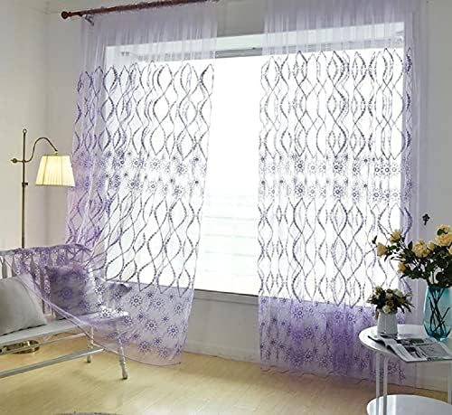 Modern Style Wave Floral Embroidered Voile Curtain Panel
