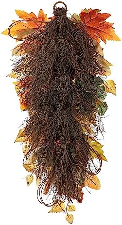 Glitzhome 2Pcs Fall Pumpkin Leaf Swag with Grapevine Base